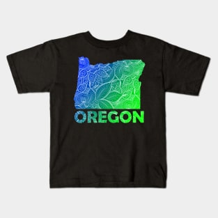 Colorful mandala art map of Oregon with text in blue and green Kids T-Shirt